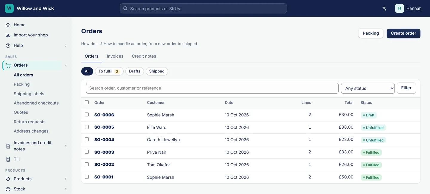 The Orders page in Tillzy, listing six orders with their customer, date, total and status.
