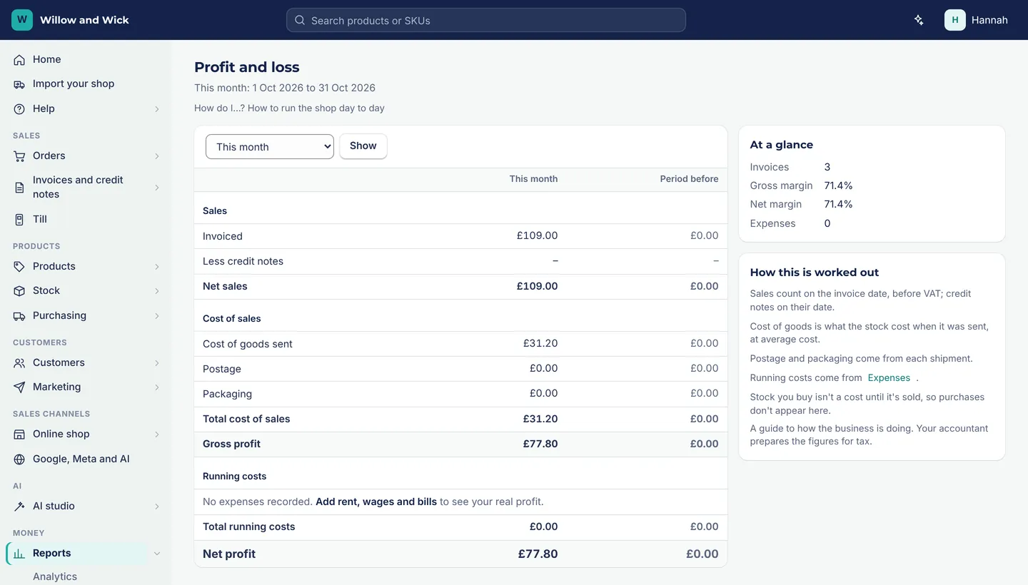 A profit and loss report in Tillzy showing the month's sales, cost of goods and gross profit.