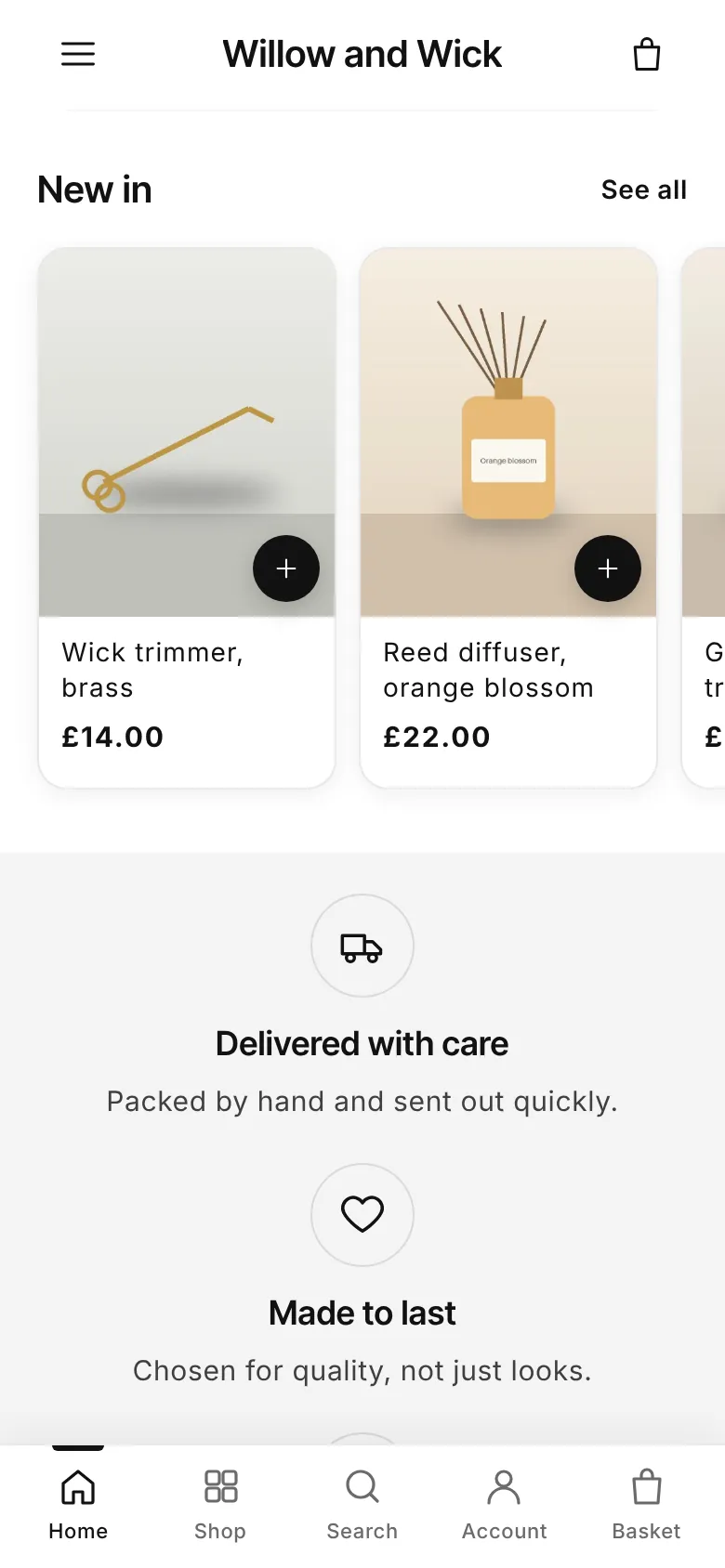 The Willow and Wick online shop on a phone, showing new products with photos and prices.
