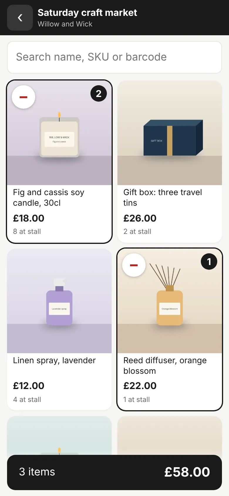 The Tillzy till on a phone, with product photos, prices and how many are at the stall.